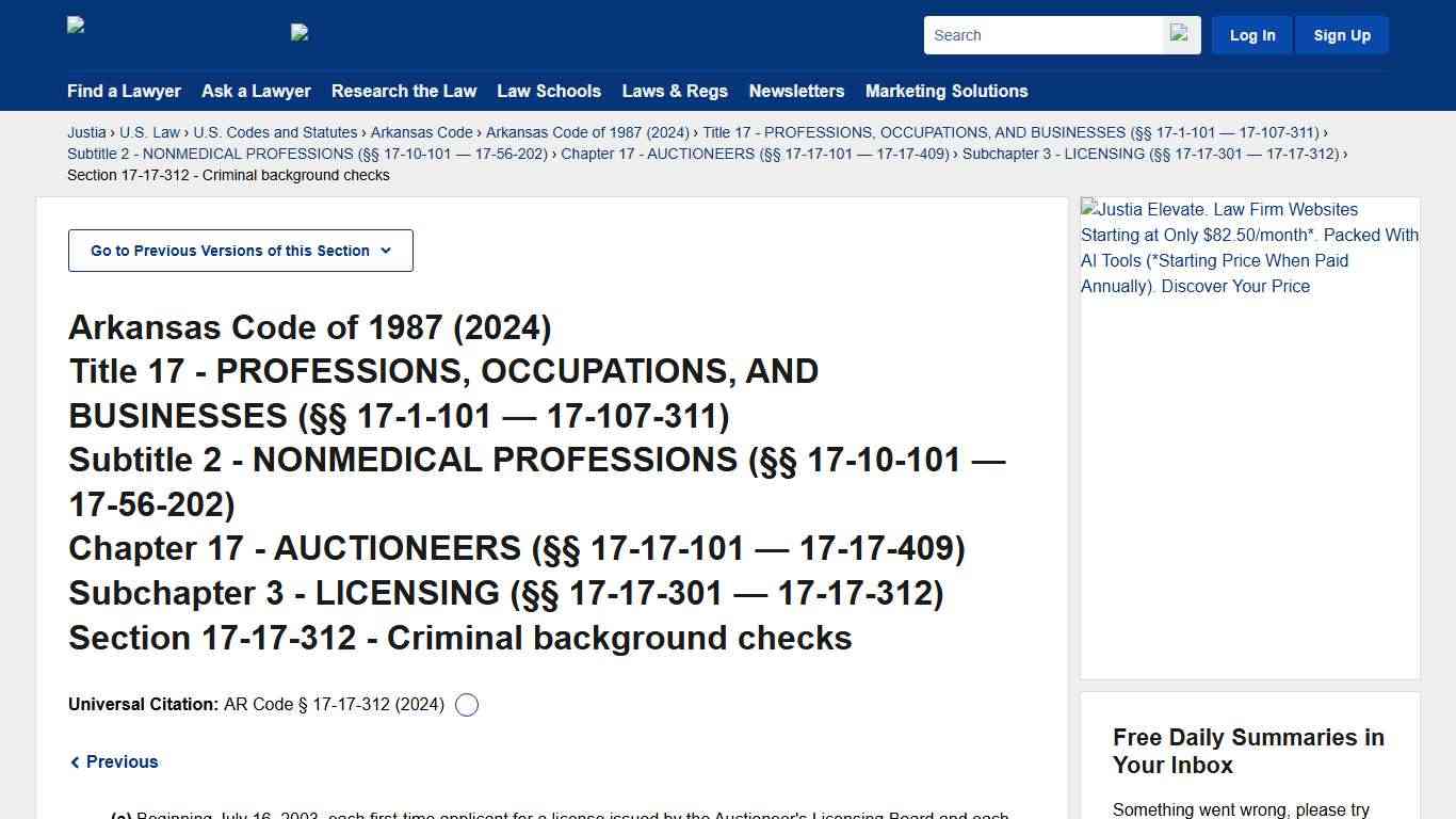 Arkansas Code § 17-17-312 (2024) - Criminal background checks :: 2024 Arkansas Code :: U.S. Codes and Statutes :: U.S. Law :: Justia